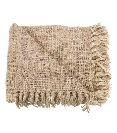 Plaid Le s'il vous Beige en coton tissé main avec franges posé sur canapé
