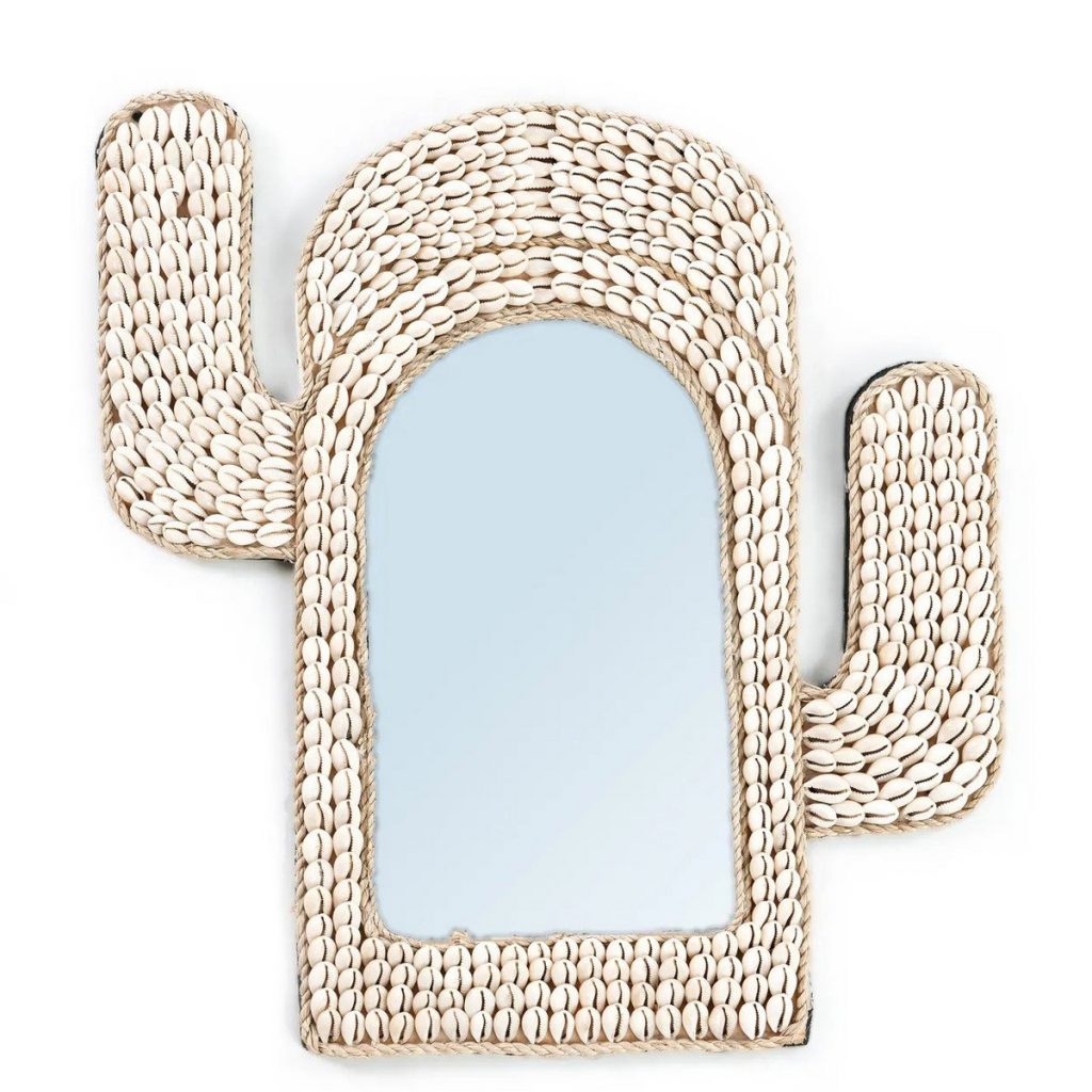 Miroir coquille de cactus blanc en cauris, miroir mural décoratif forme cactus pour salle d’eau ou entrée