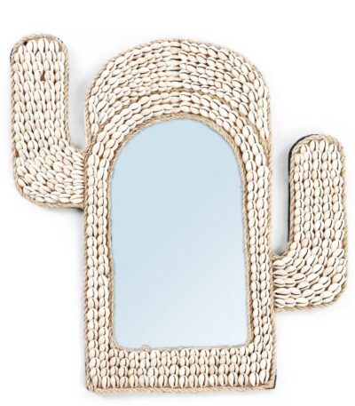 Miroir coquille de cactus blanc en cauris, miroir mural décoratif forme cactus pour salle d’eau ou entrée