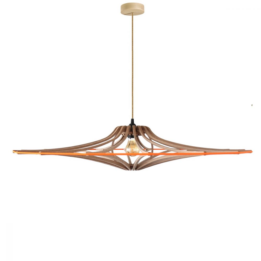 Suspension design bois naturel D90 cm – Élastique orange · Kit lin et bois