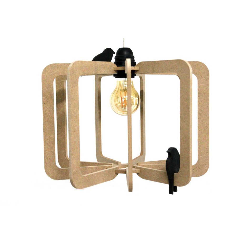 Suspension BIRD en bois avec oiseaux décoratifs Luminaire bois Bird RIF avec câble en lin et rosace bois Plafonnier bois design Bird avec oiseaux noirs