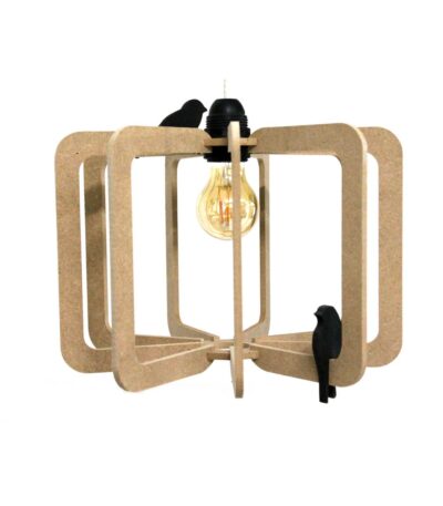 Suspension BIRD en bois avec oiseaux décoratifs Luminaire bois Bird RIF avec câble en lin et rosace bois Plafonnier bois design Bird avec oiseaux noirs