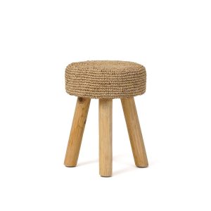 Tabouret en raphia naturel avec pieds en bois de teck