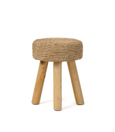 Tabouret en raphia naturel avec pieds en bois de teck