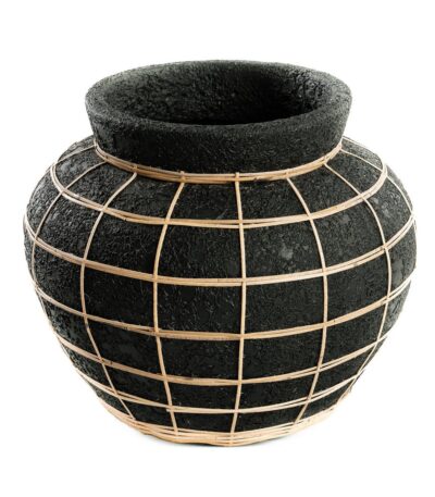 Vase Belly - Noir - L en terre cuite avec tressage en rotin