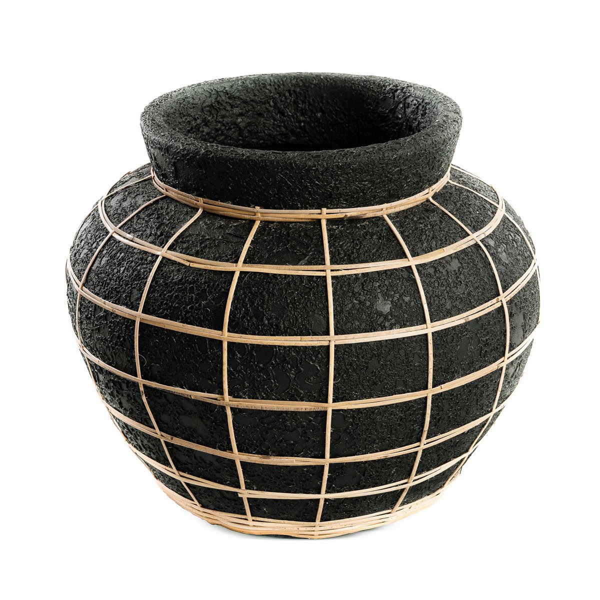 Vase Le Ventre – Noir Naturel – L en terre cuite avec tressage en rotin