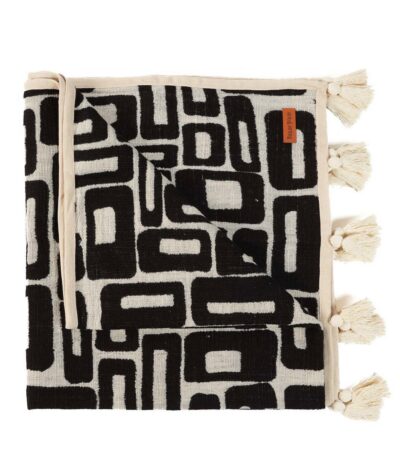 Jeté Aztèque en coton noir naturel, jeté de lit décoratif au motif graphique inspiré, idéal pour une décoration élégante.