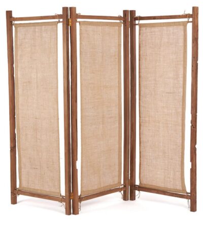 Paravent Zenbu en teck recyclé et toile de jute, paravent naturel style bohème
