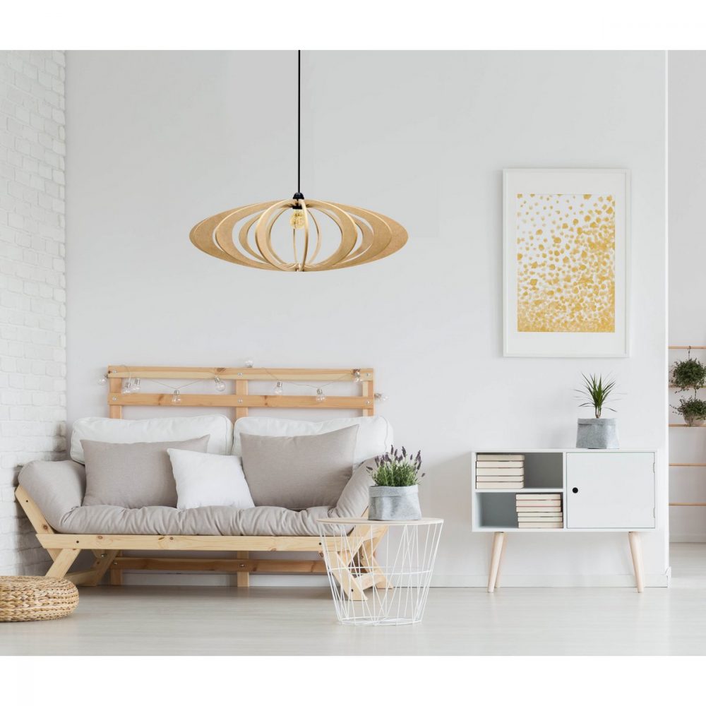 Suspension bois graphique 70 cm Rolling – câble lin et rosace bois