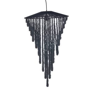 Lustre en perles de bois noir taille L – suspension artisanale en bois au style bohème chic