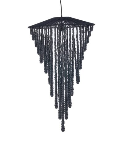 Lustre en perles de bois noir taille L – suspension artisanale en bois au style bohème chic