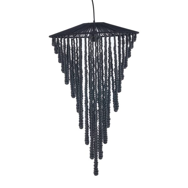 Lustre en perles de bois noir taille L – suspension artisanale en bois au style bohème chic