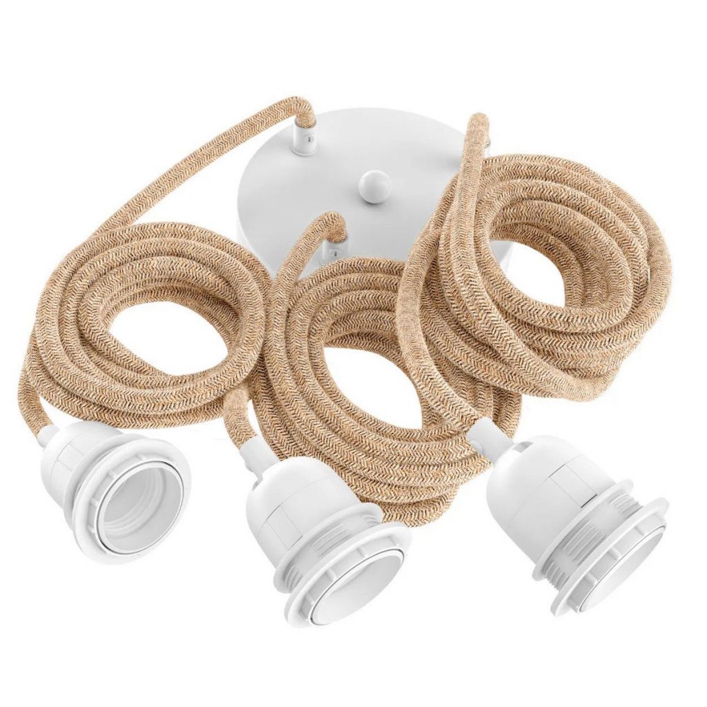 Applique plafonnier blanc naturel 3 fixations, câbles textiles en coton pour suspensions multiples