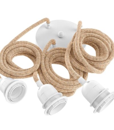 Applique plafonnier blanc naturel 3 fixations, câbles textiles en coton pour suspensions multiples