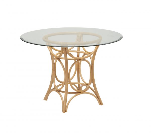 Table ronde en rotin GINGKO avec plateau en verre transparent, table au design organique et lumineux