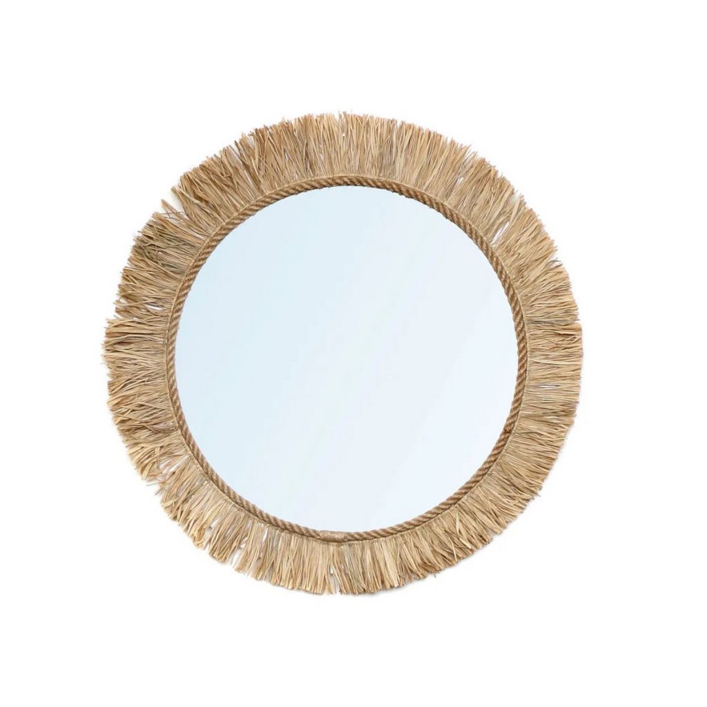 Miroir Tahiti naturel en raphia tressé style bohème tropical
