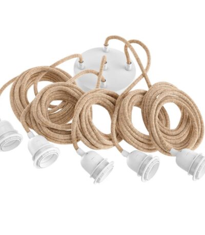 Applique plafonnier blanc naturel 5 fixations - câbles textiles en coton pour suspensions multiples