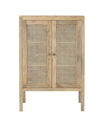 Armoire en bois de manguier Paulo avec portes en cannage de rotin naturel, meuble de rangement style botanique