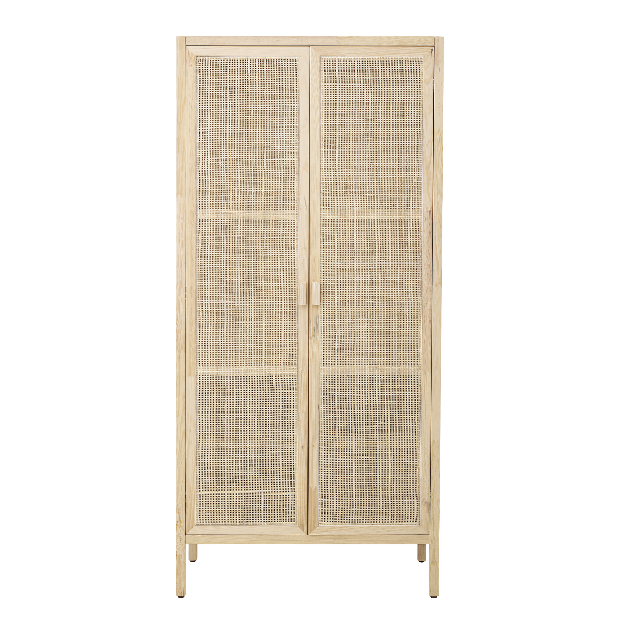 Armoire en pin naturel Mariana avec portes en rotin tressé, meuble de rangement nordique pour intérieur.