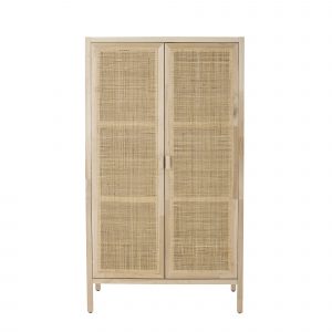 Armoire en pin naturel Marikka avec portes en rotin tressé, meuble de rangement nordique pour intérieur.