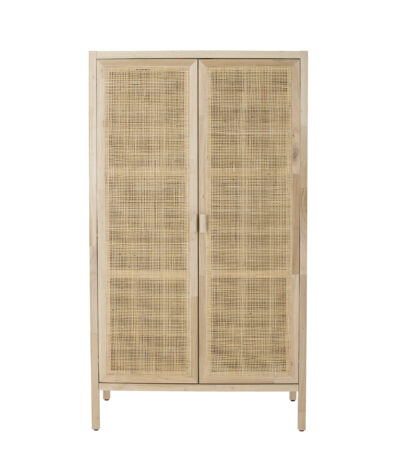 Armoire en pin naturel Marikka avec portes en rotin tressé, meuble de rangement nordique pour intérieur.