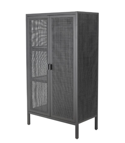 Armoire en bois et rotin noir Marikka, meuble de rangement intérieur en bois foncé et rotin tressé, style déco contemporain.