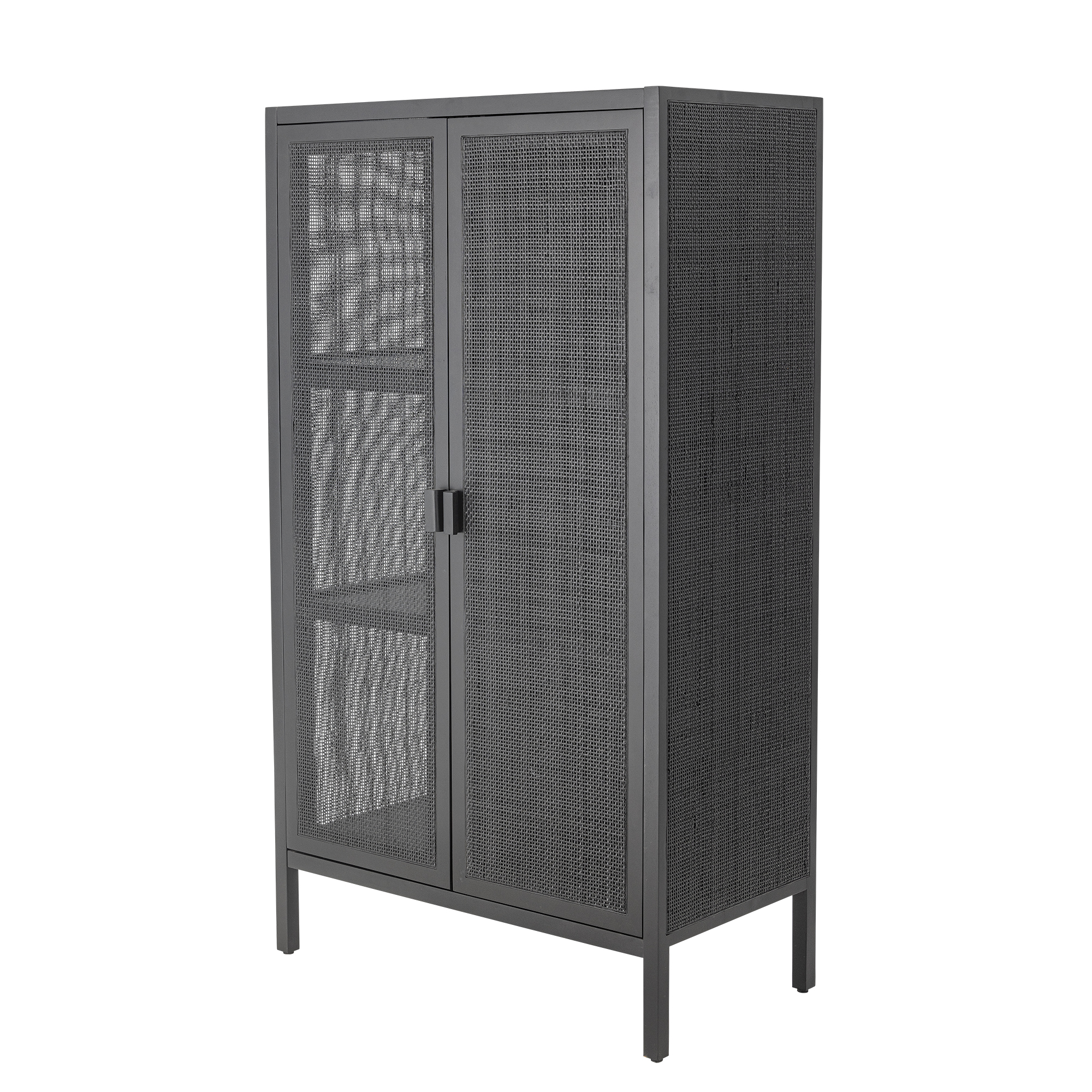 Armoire en bois et rotin noir Marikka, meuble de rangement intérieur en bois foncé et rotin tressé, style déco contemporain.