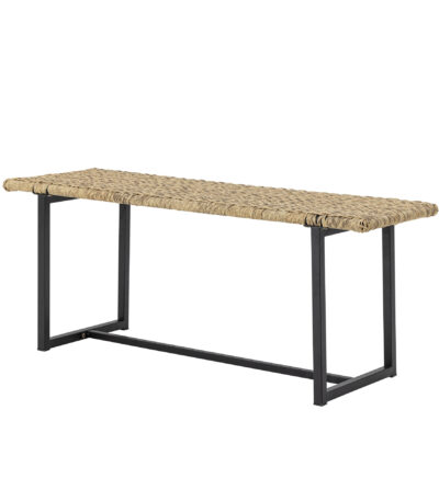 Banc en polyrattan naturel ADILLY avec structure en métal noir, assise décorative pour terrasse abritée
