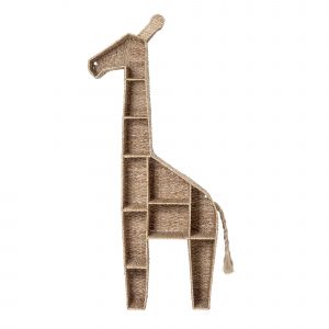 Bibliothèque enfant en fibres naturelles Kalu, meuble de rangement en forme de girafe pour chambre d’enfant.
