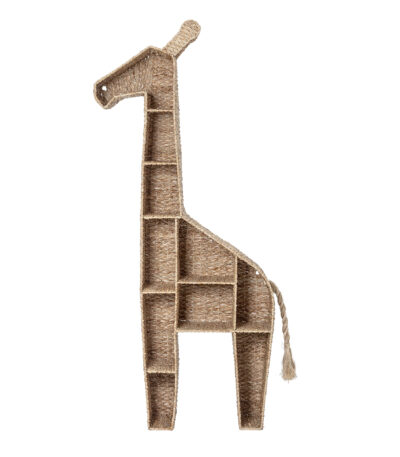 Bibliothèque enfant en fibres naturelles Kalu, meuble de rangement en forme de girafe pour chambre d’enfant.