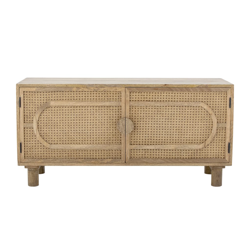Buffet en bois de manguier Pablo avec portes en cannage de rotin, meuble de rangement naturel pour salon.