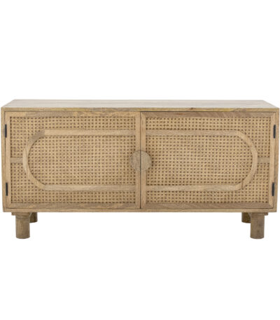 Buffet en bois de manguier Pablo avec portes en cannage de rotin, meuble de rangement naturel pour salon.