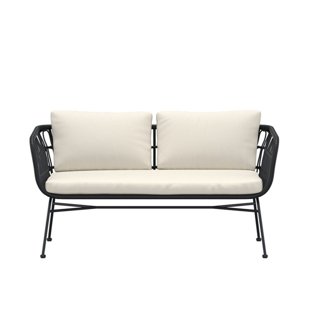 Canapé lounge Isola noir avec structure en acier et coussins beiges, banquette de jardin design contemporain pour terrasse ou balcon