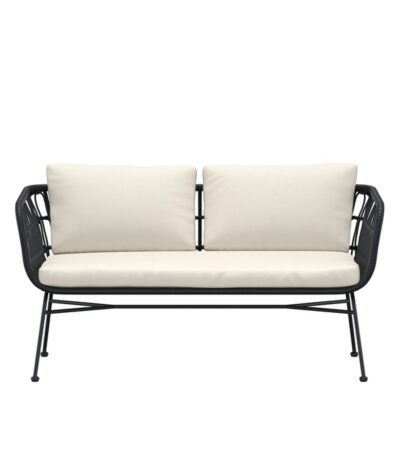 Canapé lounge Isaure noir avec structure en acier et coussins beiges, banquette de jardin design contemporain pour terrasse ou balcon