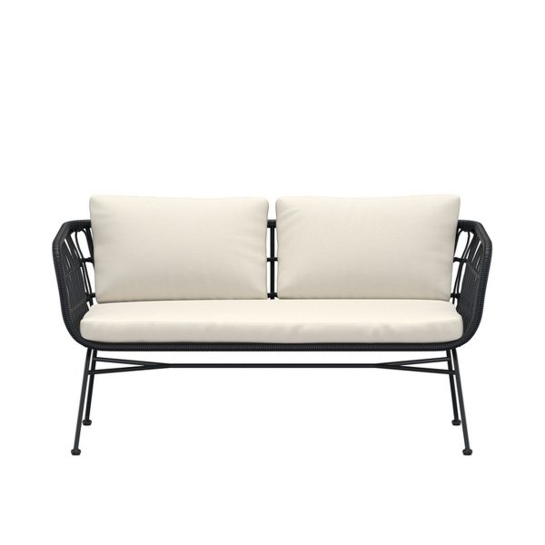 Canapé lounge Isola noir avec structure en acier et coussins beiges, banquette de jardin design contemporain pour terrasse ou balcon