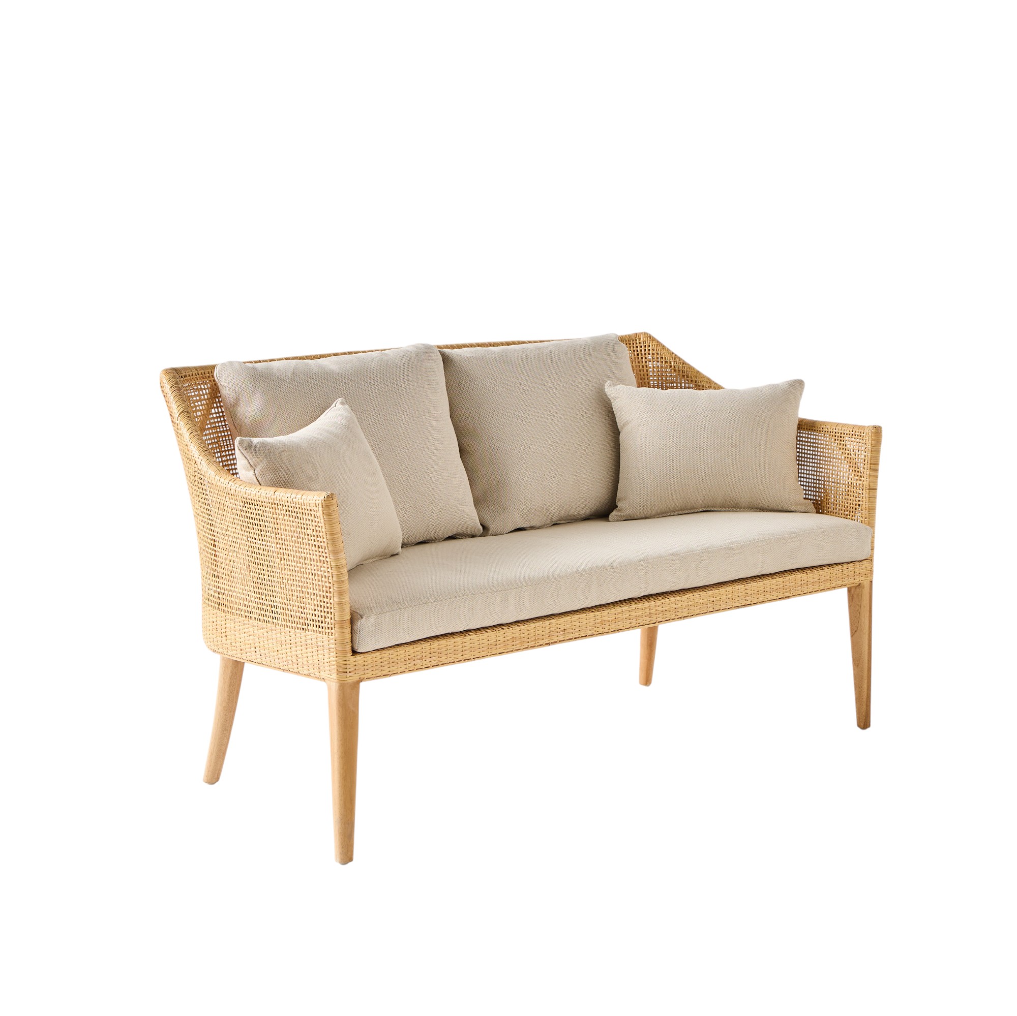 Canapé en rotin cannage Saigon avec structure en teck naturel et coussins beige, style naturel et élégant pour intérieur