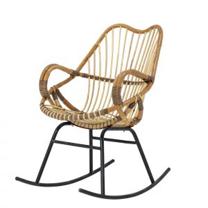 Chaise à bascule en rotin Reine naturel avec structure en métal noir, assise déco en rotin ajouré