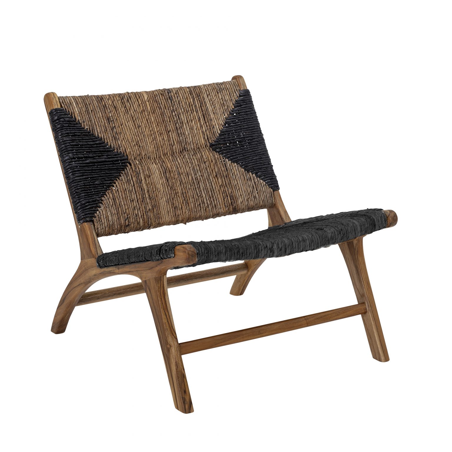 Chaise de salon en teck Grant, assise large au motif graphique noir pour intérieur d’inspiration méditerranéenne.