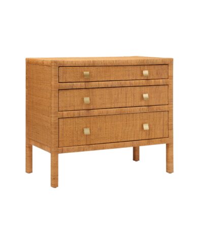 Commode en cannage rotin naturel avec tiroirs en bois et poignées en laiton, meuble de rangement élégant au style rétro