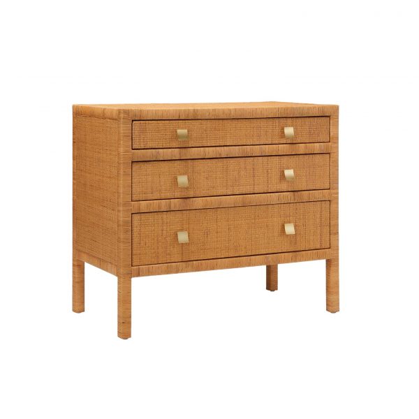 Commode en cannage rotin naturel avec tiroirs en bois et poignées en laiton, meuble de rangement élégant au style rétro