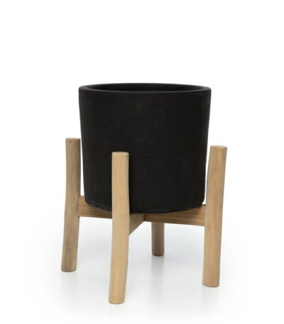 Le Charcoal Low Noir Naturel – S, cache-pot décoratif en terre cuite avec structure en bois de teck