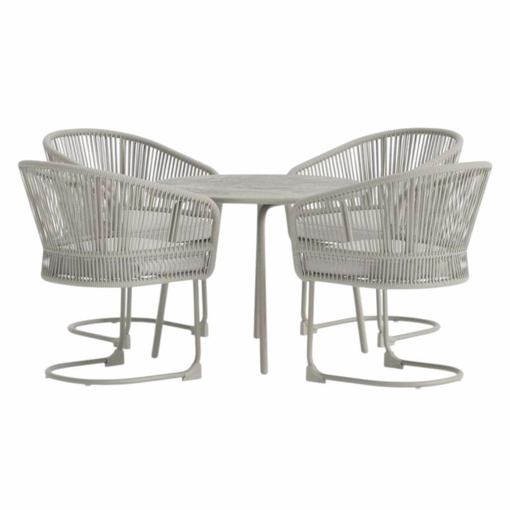 Ensemble repas extérieur Tilos gris clair et beige avec table ronde et fauteuils confortables