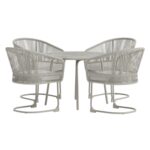 Ensemble repas extérieur Tilos gris clair et beige avec table ronde et fauteuils confortables