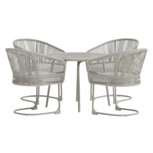 Ensemble repas extérieur Tilos gris clair et beige avec table ronde et fauteuils confortables