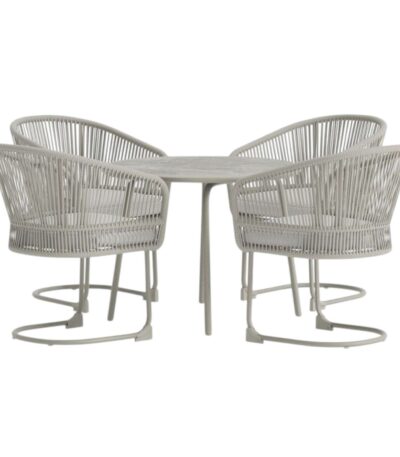 Ensemble repas extérieur Tilos gris clair et beige avec table ronde et fauteuils confortables