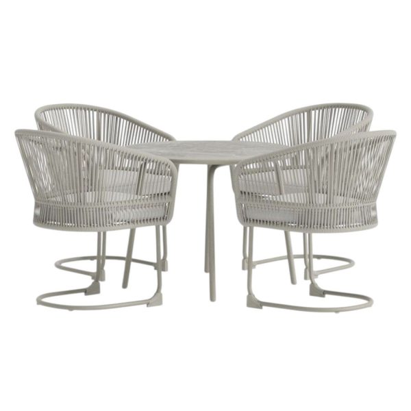 Ensemble repas extérieur Tilos gris clair et beige avec table ronde et fauteuils confortables
