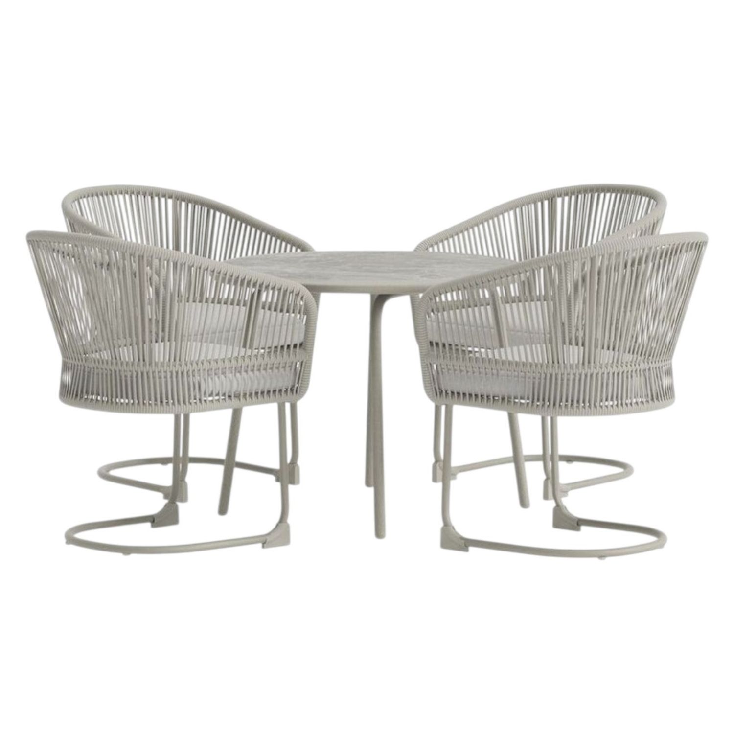 Ensemble repas extérieur Tilos gris clair et beige avec table ronde et fauteuils confortables