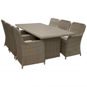 Ensemble repas Wembley 6 places en résine tressée naturelle avec table rectangulaire plateau verre et six fauteuils de jardin avec coussins, mobilier de jardin extérieur abrité