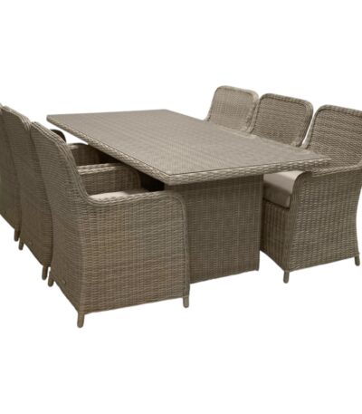Ensemble repas Wembley 6 places en résine tressée naturelle avec table rectangulaire plateau verre et six fauteuils de jardin avec coussins, mobilier de jardin extérieur abrité