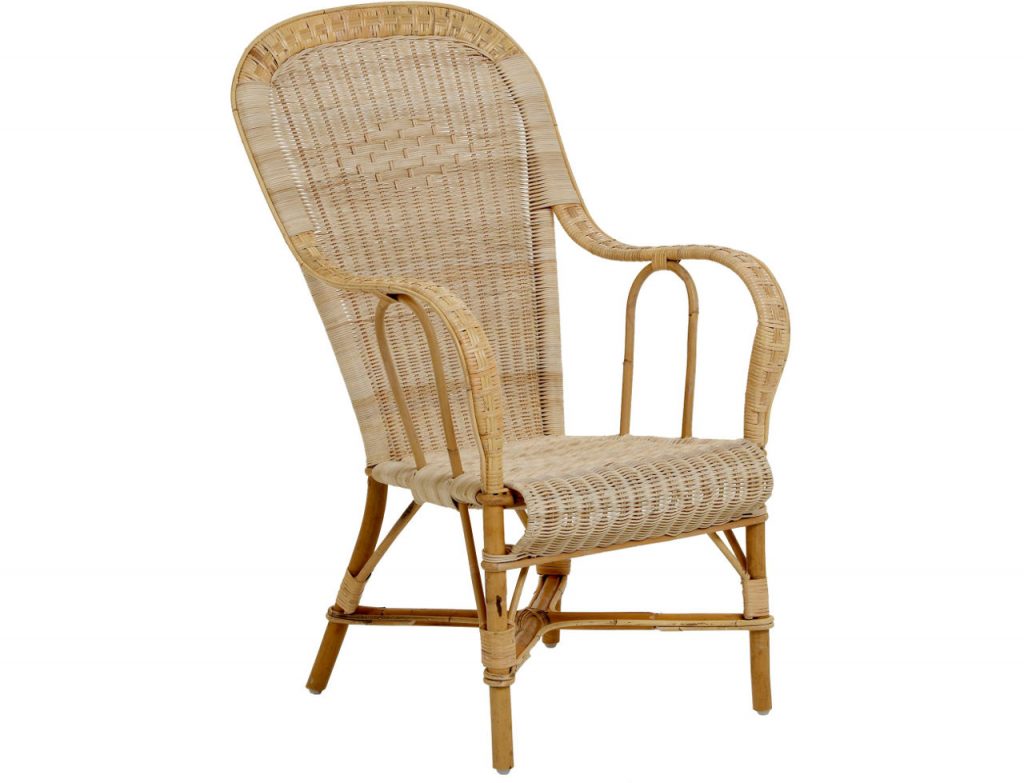 Fauteuil en rotin haut dossier Marcel, style grand-père, accoudoirs arrondis et tressage en moelle de rotin.